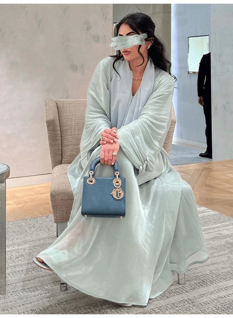 KHAJUL Women's Open Front Abaya, Shiny Lurex Fabric Long Modest Robe, Flowy Solid Color Full Length Dress, for Ramadan, Eid Al-Adha, Party Fits Height 165-170 CM, Green - Image 1